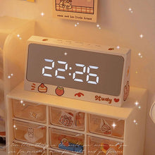 Load image into Gallery viewer, Digital Clock Table Clock Snooze Alarm Cute Silent Mirror Clock Student Desktop Mirror Surface LED Alarm Clock with USB Charger 12/24H Easy Snooze Function Adjustable Brightness Alarm Clocks for Bedroom LED Clock Electronic Clock for Children