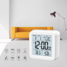 Load image into Gallery viewer, Digital Desktop LCD Snooze Calendar Alarm clock Digital Desktop Clock Electronic Digital Alarm Clocks for Bedroom Home Decor LCD Screen with Time/Calendar/Temperature Display White Bedroom Watch with Thermometer & Hygrometer for Home Battery Operated