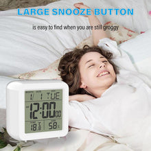 Load image into Gallery viewer, Digital Desktop LCD Snooze Calendar Alarm clock Digital Desktop Clock Electronic Digital Alarm Clocks for Bedroom Home Decor LCD Screen with Time/Calendar/Temperature Display White Bedroom Watch with Thermometer & Hygrometer for Home Battery Operated