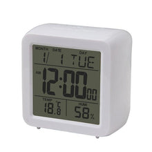 Load image into Gallery viewer, Digital Desktop LCD Snooze Calendar Alarm clock Digital Desktop Clock Electronic Digital Alarm Clocks for Bedroom Home Decor LCD Screen with Time/Calendar/Temperature Display White Bedroom Watch with Thermometer & Hygrometer for Home Battery Operated