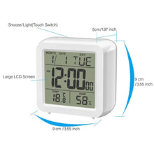 Load image into Gallery viewer, Digital Desktop LCD Snooze Calendar Alarm clock Digital Desktop Clock Electronic Digital Alarm Clocks for Bedroom Home Decor LCD Screen with Time/Calendar/Temperature Display White Bedroom Watch with Thermometer & Hygrometer for Home Battery Operated
