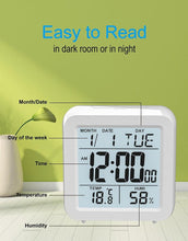 Load image into Gallery viewer, Digital Desktop LCD Snooze Calendar Alarm clock Digital Desktop Clock Electronic Digital Alarm Clocks for Bedroom Home Decor LCD Screen with Time/Calendar/Temperature Display White Bedroom Watch with Thermometer & Hygrometer for Home Battery Operated