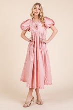 Load image into Gallery viewer, Ruffle Trim Puff Sleeve Tiered Babydoll Midi Dress – Fluttering, Sweet, Elegant, Feminine, and Trendy Babydoll Midi Dress with Ruffle Trim and Puff Sleeves
