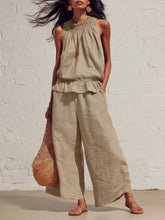 Load image into Gallery viewer, Women's Smocked Neckline Ruffle Hem Linen Tank & Wide-Leg Cropped Pants Set