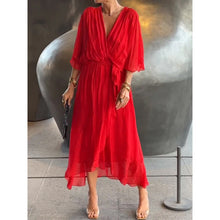 Load image into Gallery viewer, Batwing Sleeve V-Neck Midi Dress – Tied Irregular Hem Fairy Dress