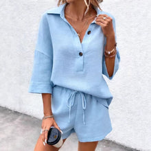 Load image into Gallery viewer, Women's Notch-Lapel Short-Sleeve Top & Belted Shorts Two-Piece Set