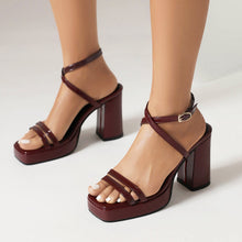 Load image into Gallery viewer, Square-Toe Buckle Strap High Heels – Elegant Thin-Strap Summer Block Heels