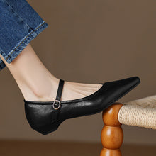 Load image into Gallery viewer, Women's Pointed Toe Low Square Heel Buckle Flats – Floral Detail Dress Shoes