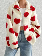Load image into Gallery viewer, Cute Heart Zip Up Drop Shoulder Furry Jacket Cozy & Trendy Cold-Weather Essential Warm Soft Winter Jacket For Your Girl