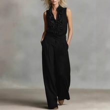 Load image into Gallery viewer, Women’s Linen Blend Two-Piece Set – Sleeveless Shirt & Wide-Leg Pants