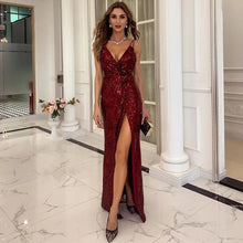 Load image into Gallery viewer, Women V Neck Dress Sequin Spaghetti Strap Maxi Party Dress