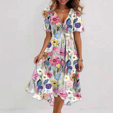 Load image into Gallery viewer, Floral Print A-Line Dress – V-Neck Short Sleeve Midi Dress