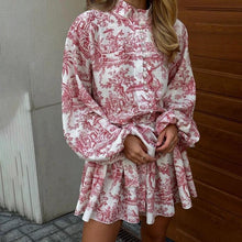 Load image into Gallery viewer, Ink Print Long Sleeve Short Dress With Fashion Puffy Sleeve Lapel Tie A-Line Dress Clothing