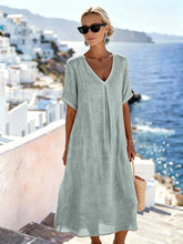 Load image into Gallery viewer, Patchwork Asymmetrical Maxi Dress – Relaxed V-Neck Style