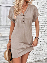 Load image into Gallery viewer, Elegant Button V-Neck Short Sleeve Dress Flattering Casual & Office Wear Simple Dress