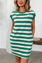 Load image into Gallery viewer, Simple Contrast Striped Round Neck Short Sleeve Mini Dress Casual & Comfortable Everyday Dress for Women