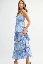 Load image into Gallery viewer, Pin Stripe Smocked Bodice Layered Midi Dress – Smocked Bodice Dress, Fluttering Pinstripe Midi Dress, Layered Midi Dress, Trendy Midi Dress, Flattering Pinstripe Dress