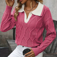 Load image into Gallery viewer, 🧶 Women’s Lapel V-Neck Color-Block Long-Sleeve Pullover Sweater