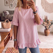 Load image into Gallery viewer, Women's Striped Ruffle-Sleeve Loose-Fit Blouse – Three-Quarter Sleeve