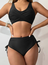 Load image into Gallery viewer, Bikini Twist Front V Neck High Waist 2 Piece Bikini Set for Women – Stretchy Tie Back Swimsuit with Drawstring Lace Up and Comfortable Fit – Trendy Solid Color Swimwear for Beach Days Pool Parties and Summer Vacations