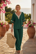 Load image into Gallery viewer, Women's Embroidered V-Neck Top & Wide-Leg Pants Set | Two-Piece Outfit