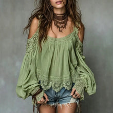 Load image into Gallery viewer, Women's Ruffle Detail Puff Sleeve Blouse – Strap-Layered Lace-Look