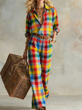 Load image into Gallery viewer, Women's Vertical Stripe Collared Loose Long-Sleeve Shirt & Wide-Leg Pants Set