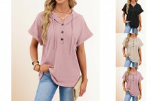 Load image into Gallery viewer, Women's Waffle Knit Hooded Short-Sleeve Top – Drawstring Button Pullover