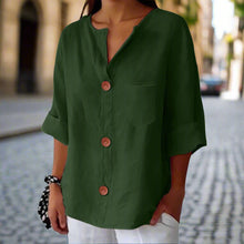 Load image into Gallery viewer, Women’s Loose V Neck T Shirt – Cotton Linen Button Top