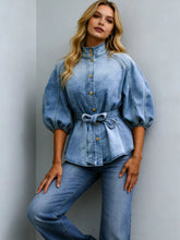 Load image into Gallery viewer, Women's Retro Washed Denim Top | Lantern Sleeve Stand Collar Belted Shirt in Blue | S–XXL