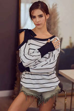 Load image into Gallery viewer, BiBi Stripe Yarn Dye Waffle One Shoulder Women's Top with Ribbon Detail