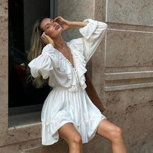 Load image into Gallery viewer, V Neck Pleated Ruffle Dress - Y2K Flared Sleeve Short Dress