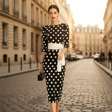 Load image into Gallery viewer, Women's Retro Polka-Dot Bodycon Midi Dress – Belted Cross-Tie