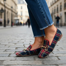 Load image into Gallery viewer, Women's Plaid Square Toe Flats – Buckle Casual Shoes in Red & Blue