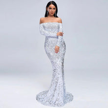 Load image into Gallery viewer, Sexy Strapless Long Sleeve Sequins Party Evening Dress