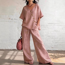 Load image into Gallery viewer, Women's Loose Cotton-Linen V-Neck Top & Wide-Leg Pants Set
