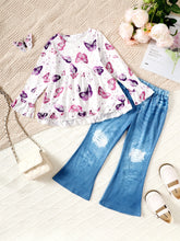 Load image into Gallery viewer, Children's Butterfly Print Top and Flare Pants Set
