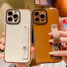 Load image into Gallery viewer, Elegant Adjustable Wrist Strap Hand Band Case For iPhone 12 13 11 14 Pro Max X XS Max XR 14 plus Case with Strap Luxury Plating Gold Bumper Phone Cover Wristband Kickstand Full Body Protective Slim Case Luxury Candy Color Phone Holder Colorful Iphone Case