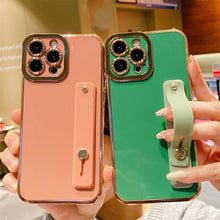 Load image into Gallery viewer, Elegant Adjustable Wrist Strap Hand Band Case For iPhone 12 13 11 14 Pro Max X XS Max XR 14 plus Case with Strap Luxury Plating Gold Bumper Phone Cover Wristband Kickstand Full Body Protective Slim Case Luxury Candy Color Phone Holder Colorful Iphone Case