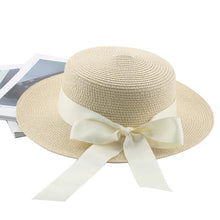 Load image into Gallery viewer, Elegant Adult Bucket Hat Beach Summer Straw Hats for Women Beach Sun Straw Hat Wide Luxury Comfortable Hat Flat Top Ribbon Bowknot Elegant Luxury Women Summer Hat 56-58cm