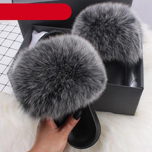 Load image into Gallery viewer, Elegant Indoor Fur Slippers For Women Fur Slides Flip Flops Beach Plush Fluffy Furry Slippers Furry Fuzzy Slides Open Toe Fluffy Slides Fox Fur Feather Sandals Fur Slip On Shoes For Women