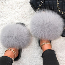 Load image into Gallery viewer, Elegant Indoor Fur Slippers For Women Fur Slides Flip Flops Beach Plush Fluffy Furry Slippers Furry Fuzzy Slides Open Toe Fluffy Slides Fox Fur Feather Sandals Fur Slip On Shoes For Women