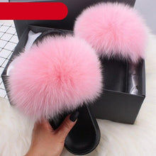 Load image into Gallery viewer, Elegant Indoor Fur Slippers For Women Fur Slides Flip Flops Beach Plush Fluffy Furry Slippers Furry Fuzzy Slides Open Toe Fluffy Slides Fox Fur Feather Sandals Fur Slip On Shoes For Women