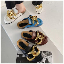 Load image into Gallery viewer, Elegant Metal Chain Design Women Slipper Closed Toe Slip On Shoes Round Toe Low Heels Casual Slides Shoes Flats Loafer Gold Chain Casual Shoes Slip On Women's Slide Sandals Slipers