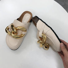 Load image into Gallery viewer, Elegant Metal Chain Design Women Slipper Closed Toe Slip On Shoes Round Toe Low Heels Casual Slides Shoes Flats Loafer Gold Chain Casual Shoes Slip On Women's Slide Sandals Slipers