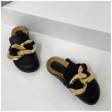 Load image into Gallery viewer, Elegant Metal Chain Design Women Slipper Closed Toe Slip On Shoes Round Toe Low Heels Casual Slides Shoes Flats Loafer Gold Chain Casual Shoes Slip On Women's Slide Sandals Slipers
