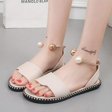 Load image into Gallery viewer, Elegant White Women Fashion Sandals Solid Round Toe Pearl Buckle Casual Sandals Shoes New Summer Outdoor Non-slip Flip Flop Dressy Sandals Cute Round Toe Strappy Wedding Shoes