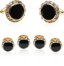 Load image into Gallery viewer, Black, Gold, and Crystal Round Formal Set of Cufflinks and Studs