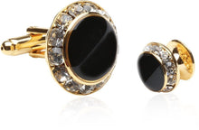 Load image into Gallery viewer, Black, Gold, and Crystal Round Formal Set of Cufflinks and Studs