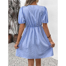 Load image into Gallery viewer, Women’s Striped Tie-Front Puff Sleeve Mini Dress